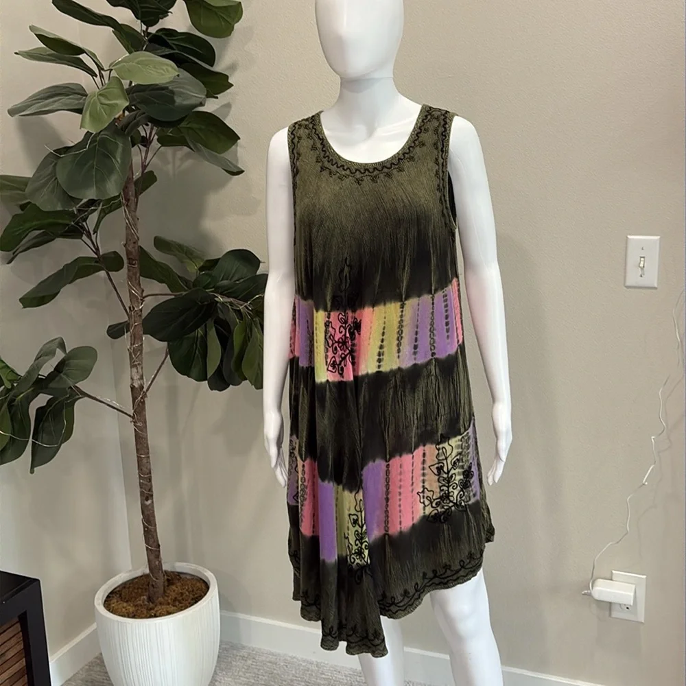 Fashion Force Embroidered Tie Dye Midi Tank Dress Free Size Rainbow Stripe Y2K